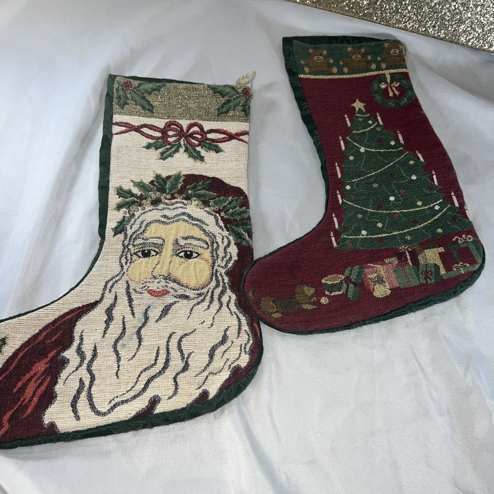 Lot Of 2 Vintage Christmas Stockings Santa‎ Tree , Gold , Wine Unique Boho